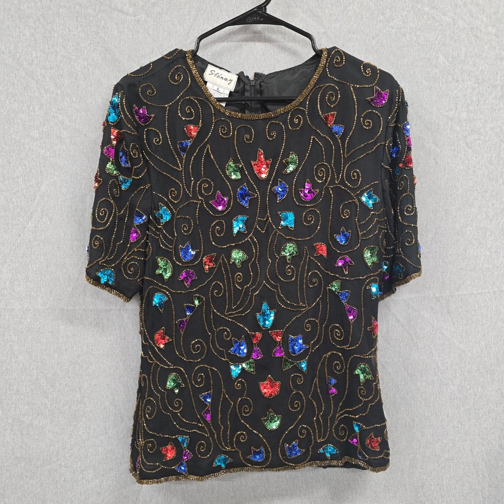 Stenay Vintage Silk Beaded Sequin Top Black Multicolor Scroll Short Sleeve Large